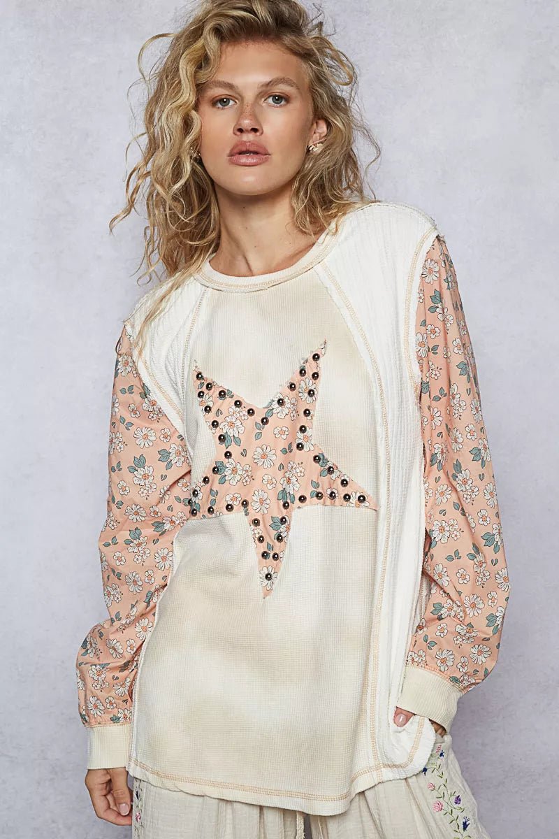 POL Exposed Seam Star Patch Thermal Top with Floral Sleeves - Bitsy Gypsy Boutique