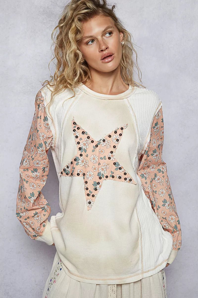 POL Exposed Seam Star Patch Thermal Top with Floral Sleeves - Bitsy Gypsy Boutique