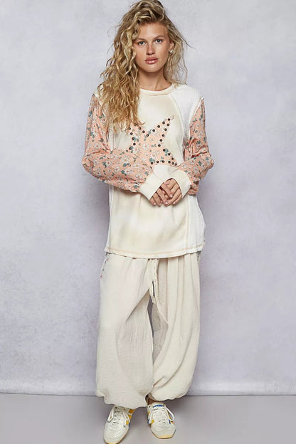 POL Exposed Seam Star Patch Thermal Top with Floral Sleeves - Bitsy Gypsy Boutique