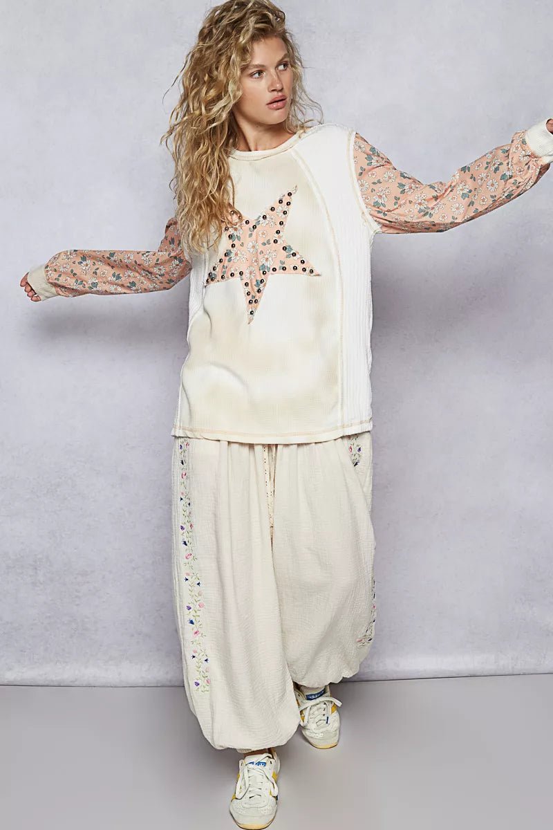 POL Exposed Seam Star Patch Thermal Top with Floral Sleeves - Bitsy Gypsy Boutique