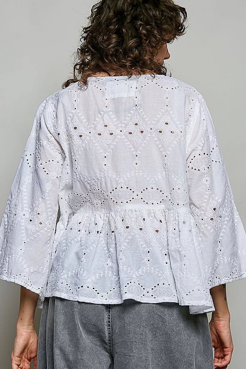 POL Eyelet Embroidery Peplum Button Front Cotton Shirt - Bitsy Gypsy Boutique