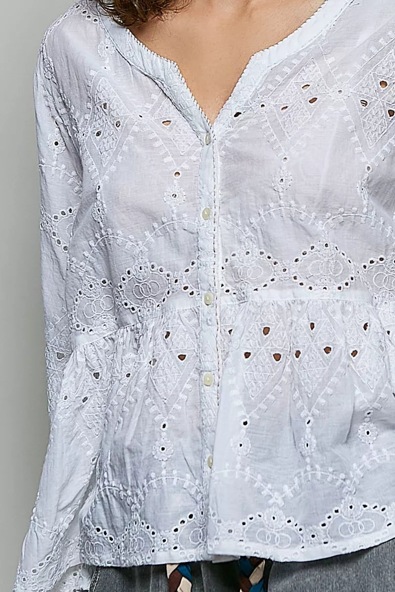 POL Eyelet Embroidery Peplum Button Front Cotton Shirt - Bitsy Gypsy Boutique