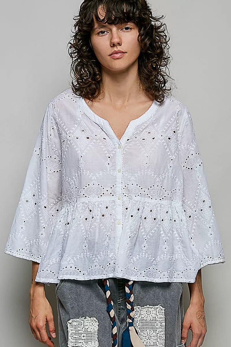 POL Eyelet Embroidery Peplum Button Front Cotton Shirt - Bitsy Gypsy Boutique