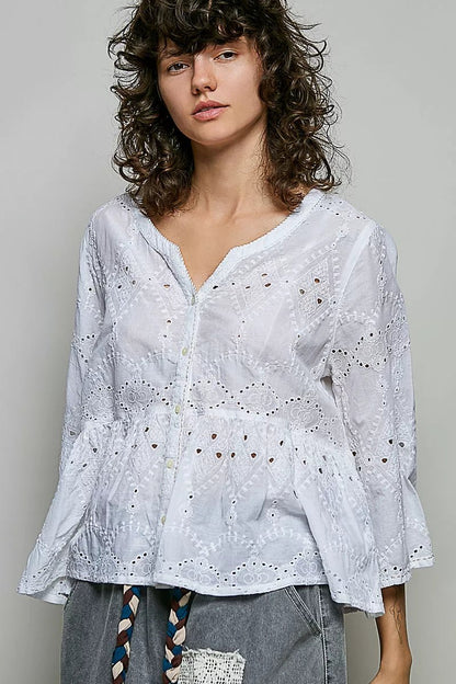 POL Eyelet Embroidery Peplum Button Front Cotton Shirt - Bitsy Gypsy Boutique