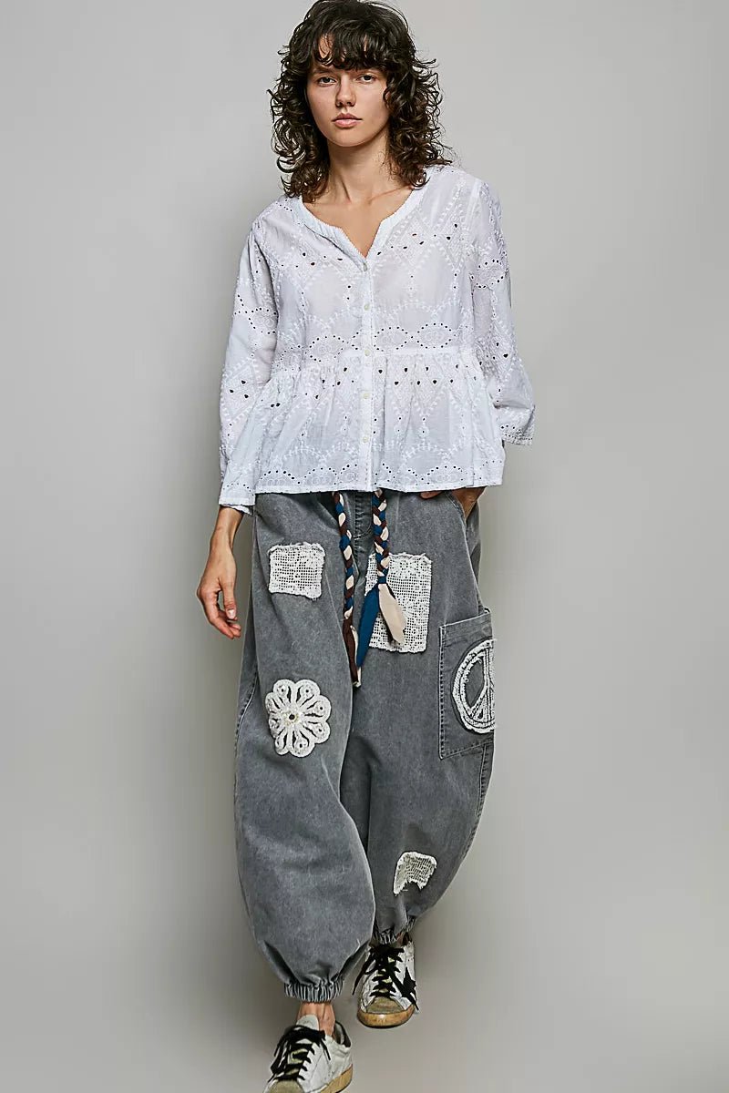POL Eyelet Embroidery Peplum Button Front Cotton Shirt - Bitsy Gypsy Boutique