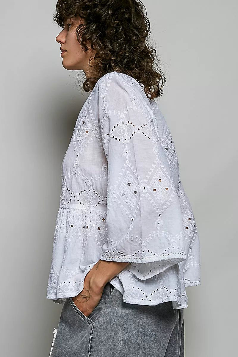 POL Eyelet Embroidery Peplum Button Front Cotton Shirt - Bitsy Gypsy Boutique