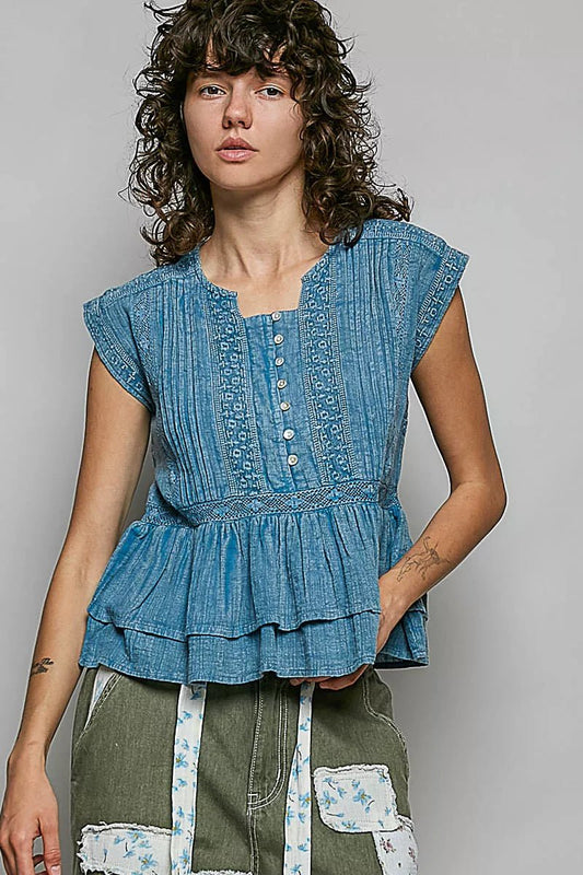 POL Eyelet Embroidery Pintuck Sleeveless Cotton Blouse - Bitsy Gypsy Boutique