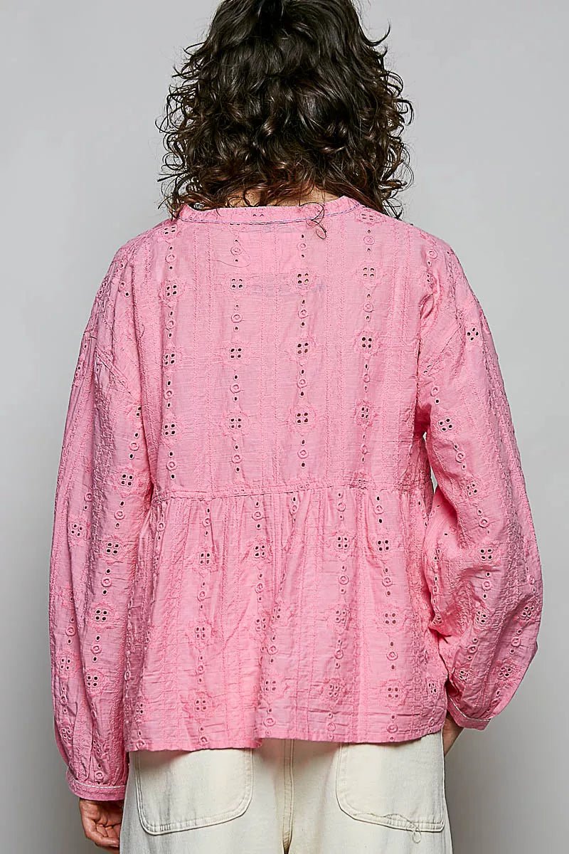 POL Eyelet Lace Split Neck Gathered Empire Waist Cotton Blouse - Bitsy Gypsy Boutique