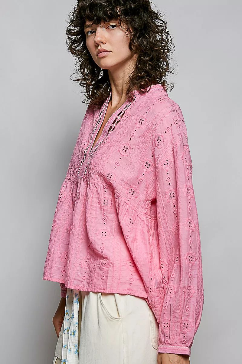 POL Eyelet Lace Split Neck Gathered Empire Waist Cotton Blouse - Bitsy Gypsy Boutique