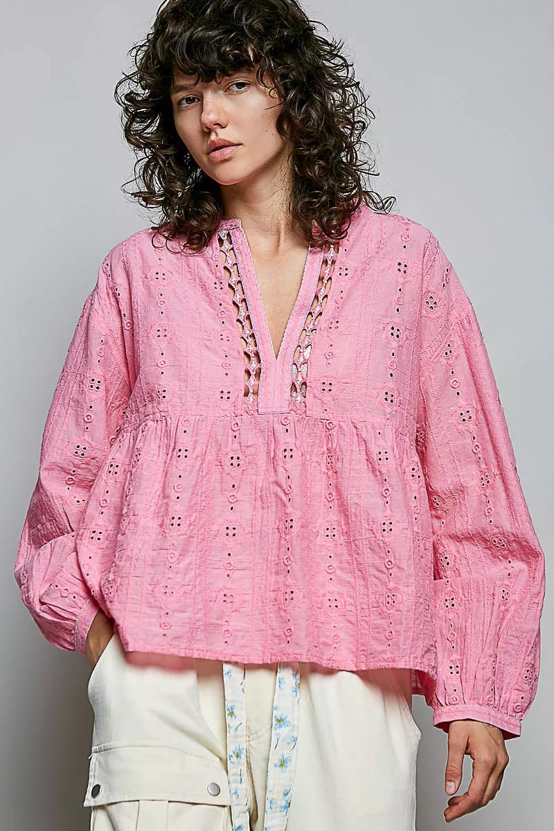 POL Eyelet Lace Split Neck Gathered Empire Waist Cotton Blouse - Bitsy Gypsy Boutique