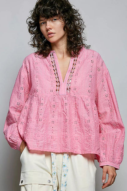 POL Eyelet Lace Split Neck Gathered Empire Waist Cotton Blouse - Bitsy Gypsy Boutique