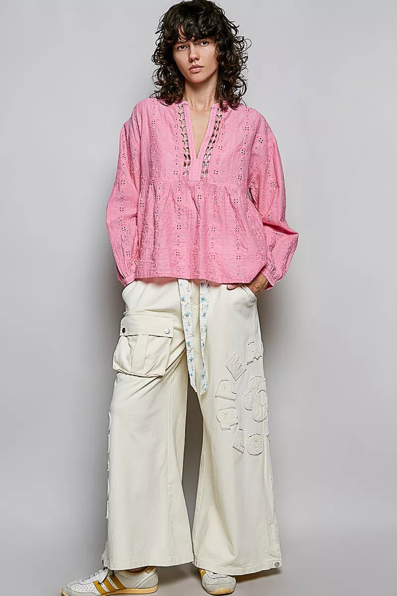POL Eyelet Lace Split Neck Gathered Empire Waist Cotton Blouse - Bitsy Gypsy Boutique