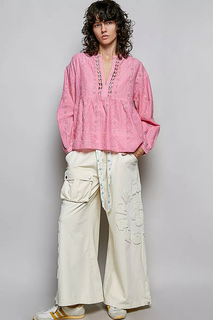 POL Eyelet Lace Split Neck Gathered Empire Waist Cotton Blouse - Bitsy Gypsy Boutique
