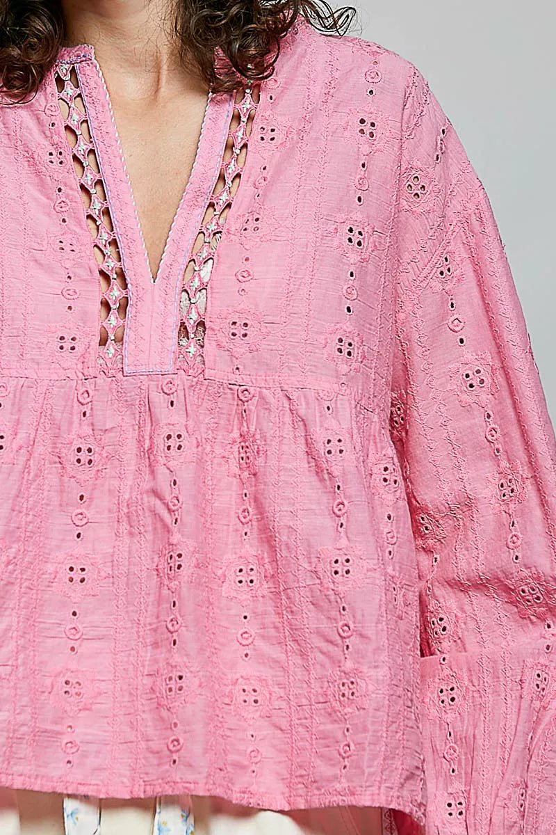 POL Eyelet Lace Split Neck Gathered Empire Waist Cotton Blouse - Bitsy Gypsy Boutique