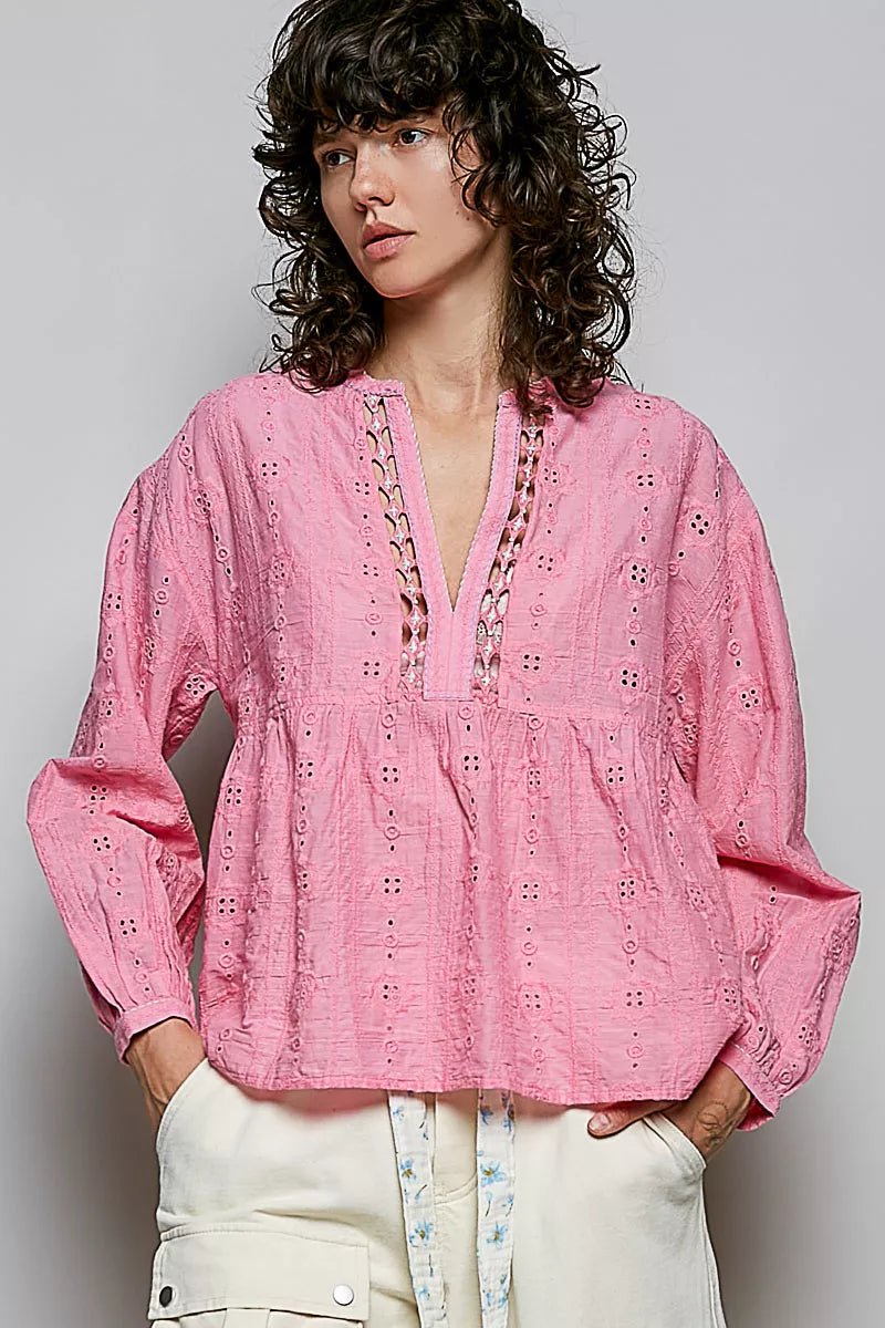 POL Eyelet Lace Split Neck Gathered Empire Waist Cotton Blouse - Bitsy Gypsy Boutique