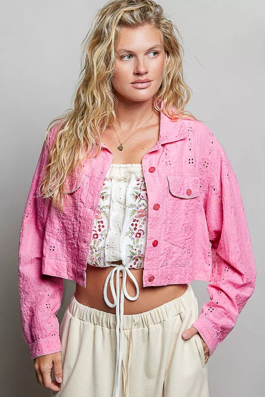 POL Eyelet Textured Cotton Cropped Button-Front Jacket - Bitsy Gypsy Boutique