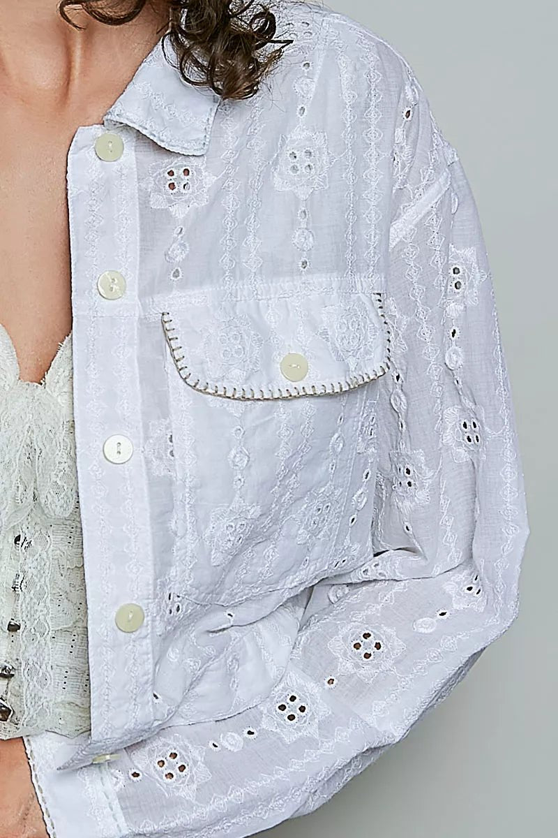 POL Eyelet Textured Cotton Cropped Button Front Jacket - Bitsy Gypsy Boutique