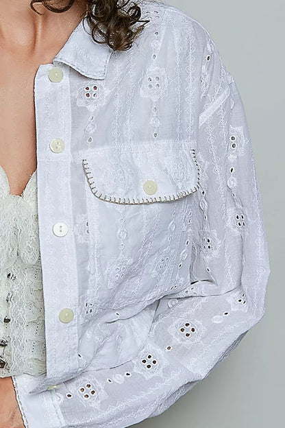 POL Eyelet Textured Cotton Cropped Button Front Jacket - Bitsy Gypsy Boutique