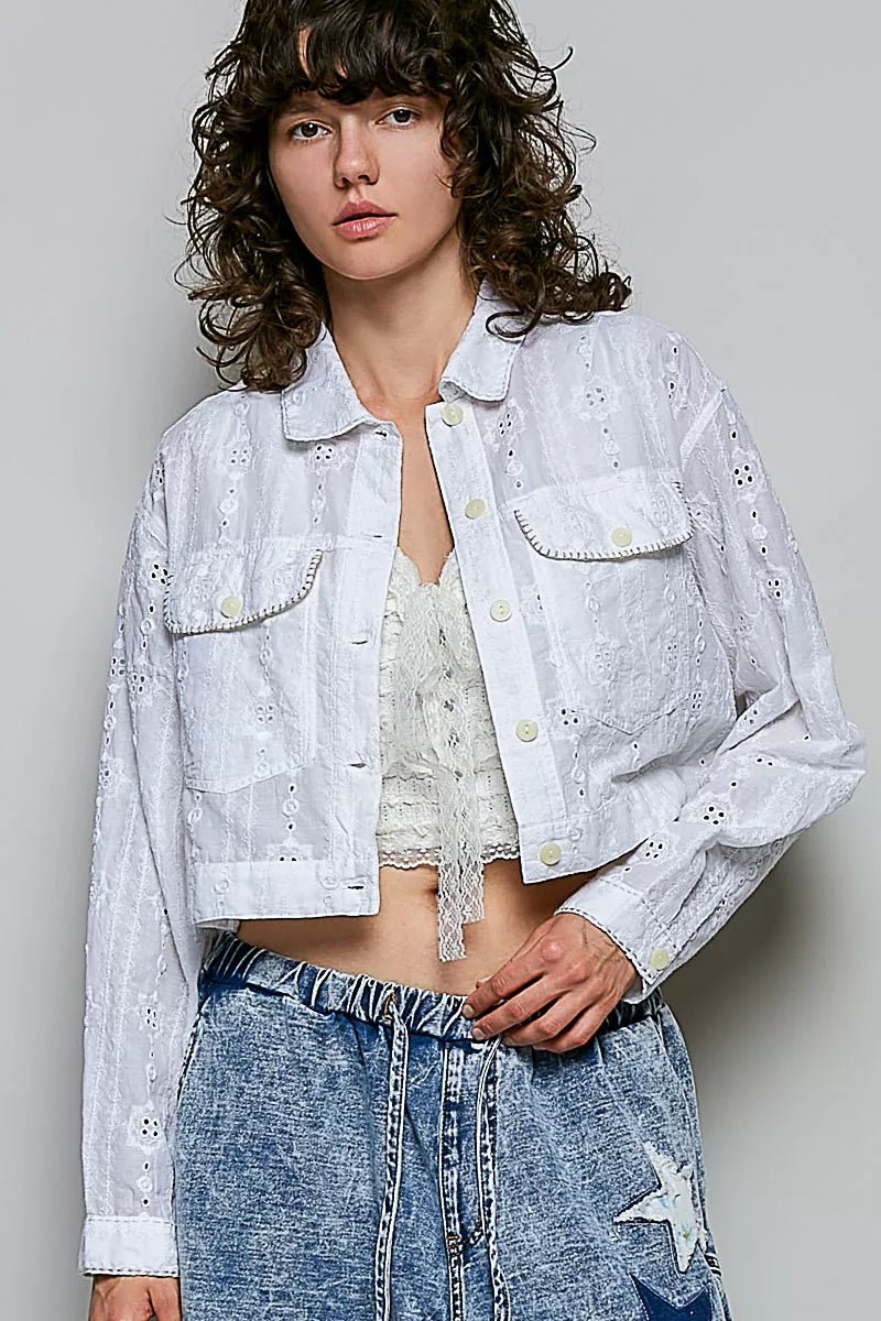 POL Eyelet Textured Cotton Cropped Button Front Jacket - Bitsy Gypsy Boutique