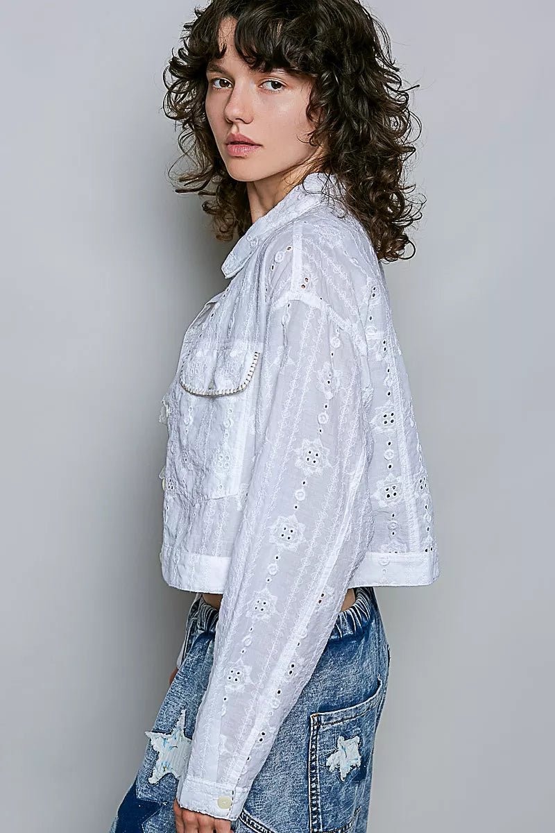 POL Eyelet Textured Cotton Cropped Button Front Jacket - Bitsy Gypsy Boutique