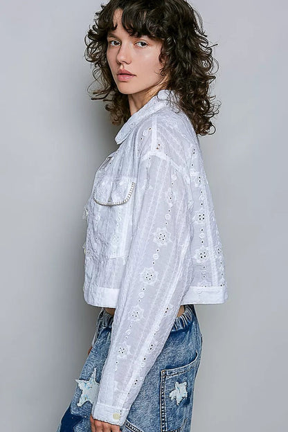 POL Eyelet Textured Cotton Cropped Button Front Jacket - Bitsy Gypsy Boutique