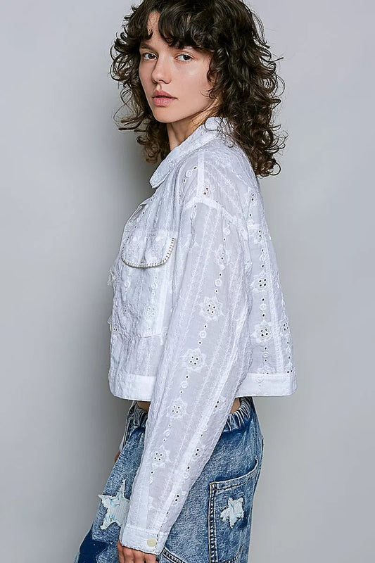 POL Eyelet Textured Cotton Cropped Button Front Jacket - Bitsy Gypsy Boutique