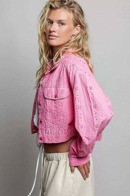 POL Eyelet Textured Cotton Cropped Button-Front Jacket - Bitsy Gypsy Boutique