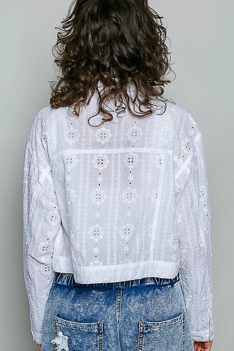 POL Eyelet Textured Cotton Cropped Button Front Jacket - Bitsy Gypsy Boutique