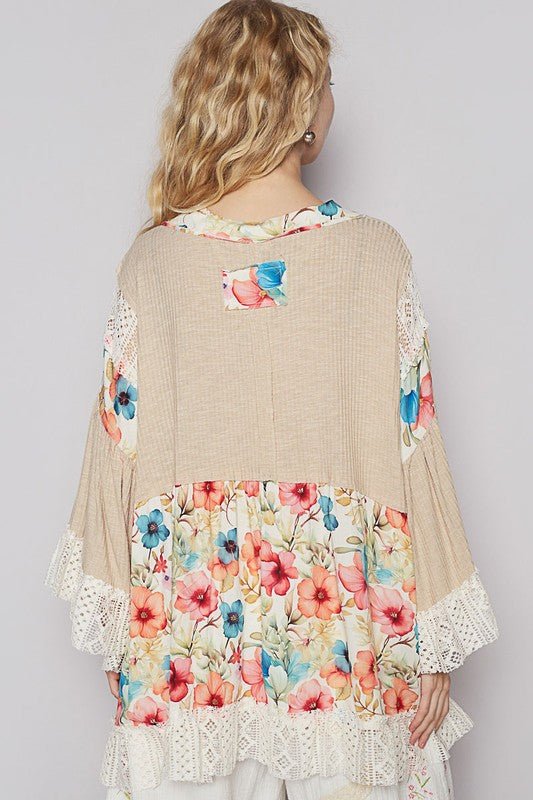 POL Floral Crochet Detail Open Front 3/4 Sleeve Cardigan - Bitsy Gypsy Boutique