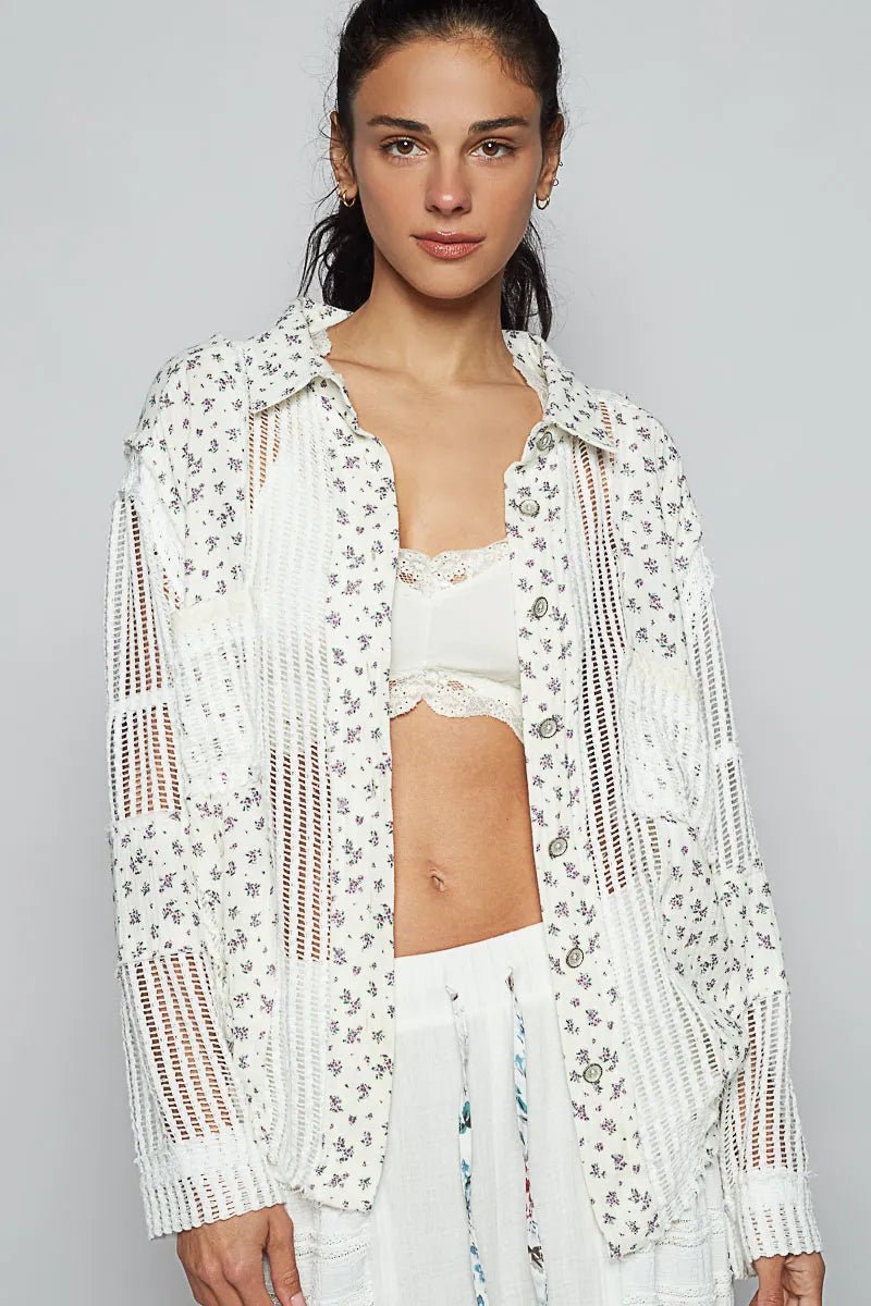 POL Floral Crochet Patchwork Long Sleeve Shirt - Bitsy Gypsy Boutique
