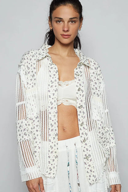 POL Floral Crochet Patchwork Long Sleeve Shirt - Bitsy Gypsy Boutique