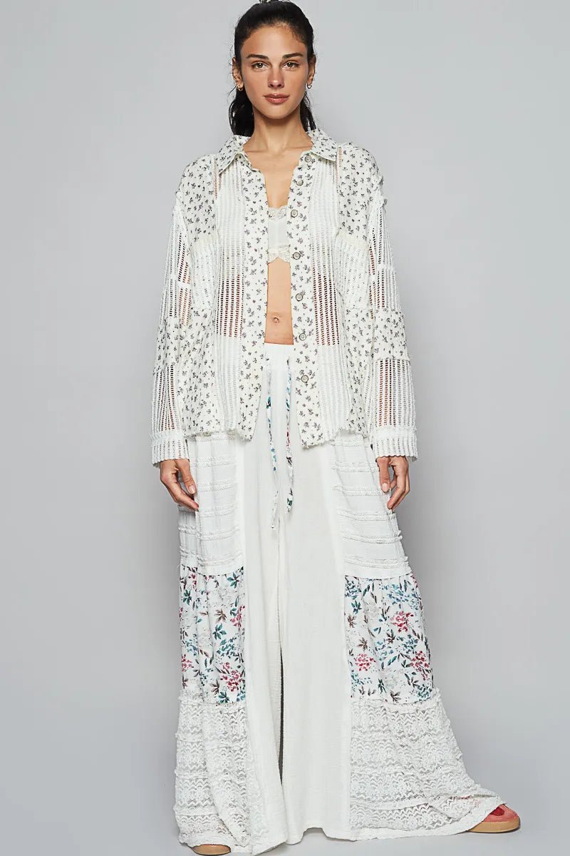 POL Floral Crochet Patchwork Long Sleeve Shirt - Bitsy Gypsy Boutique