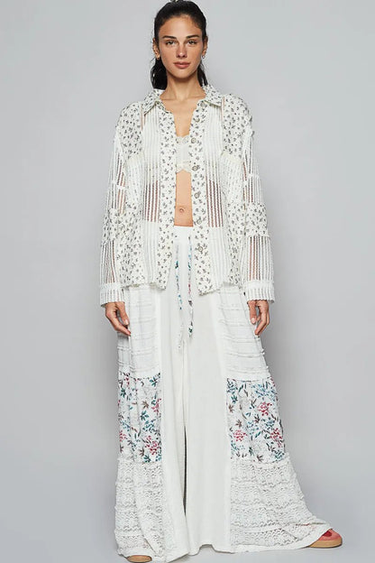 POL Floral Crochet Patchwork Long Sleeve Shirt - Bitsy Gypsy Boutique