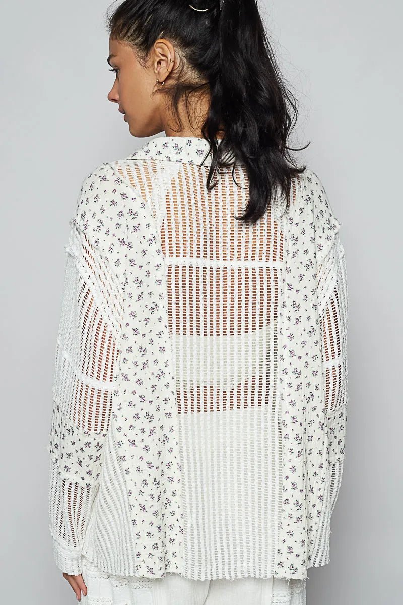 POL Floral Crochet Patchwork Long Sleeve Shirt - Bitsy Gypsy Boutique