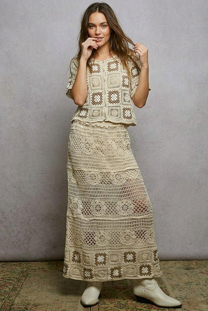 POL Floral Crochet Ruffled Waistband Maxi Skirt with Granny Square Weave - Bitsy Gypsy Boutique