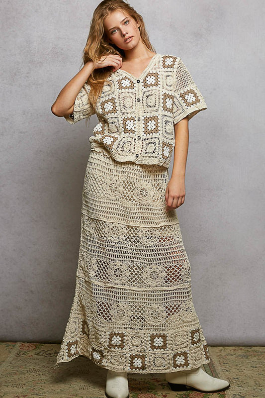 POL Floral Crochet Ruffled Waistband Maxi Skirt with Granny Square Weave - Bitsy Gypsy Boutique