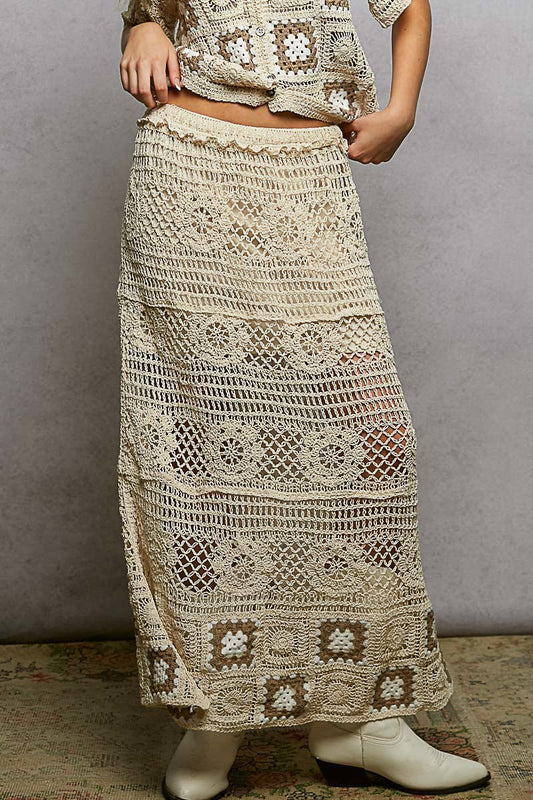 POL Floral Crochet Ruffled Waistband Maxi Skirt with Granny Square Weave - Bitsy Gypsy Boutique