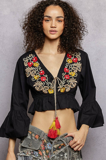 POL Floral Embroidered Cropped Blouse - Bitsy Gypsy Boutique