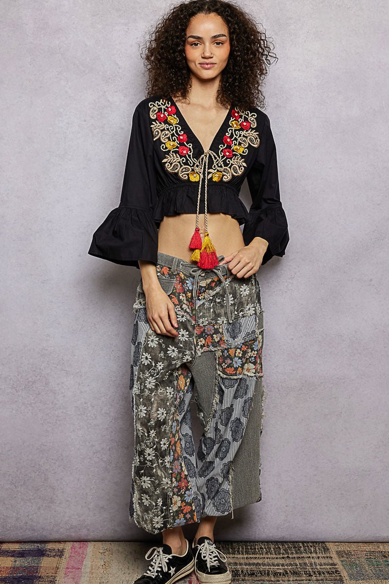 POL Floral Embroidered Cropped Blouse - Bitsy Gypsy Boutique