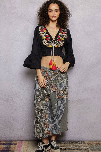 POL Floral Embroidered Cropped Blouse - Bitsy Gypsy Boutique