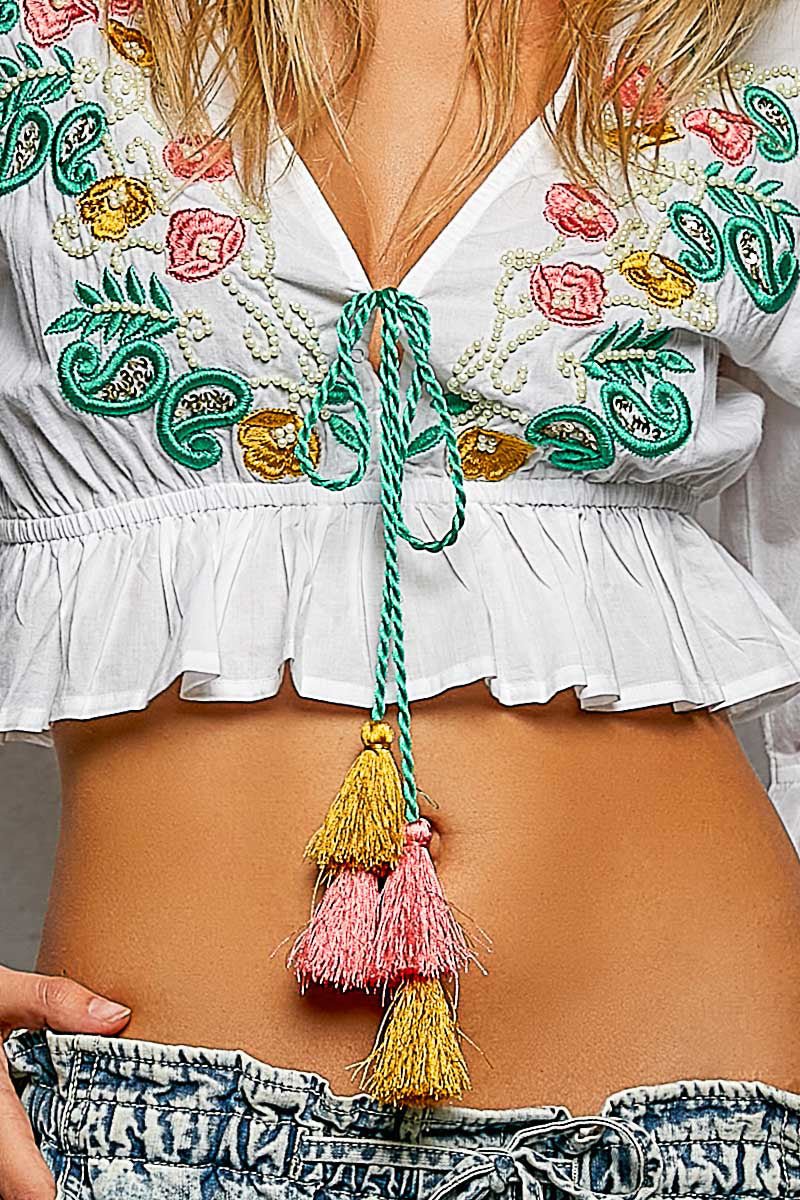 POL Floral Embroidered Cropped Blouse - Bitsy Gypsy Boutique