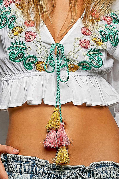 POL Floral Embroidered Cropped Blouse - Bitsy Gypsy Boutique