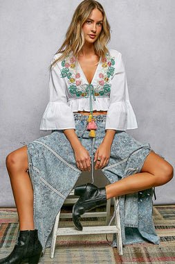 POL Floral Embroidered Cropped Blouse - Bitsy Gypsy Boutique