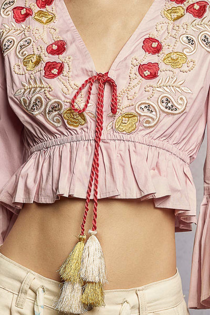 POL Floral Embroidered Cropped Blouse with Flared Ruffle Sleeves - Bitsy Gypsy Boutique