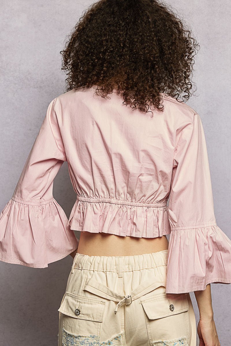 POL Floral Embroidered Cropped Blouse with Flared Ruffle Sleeves - Bitsy Gypsy Boutique