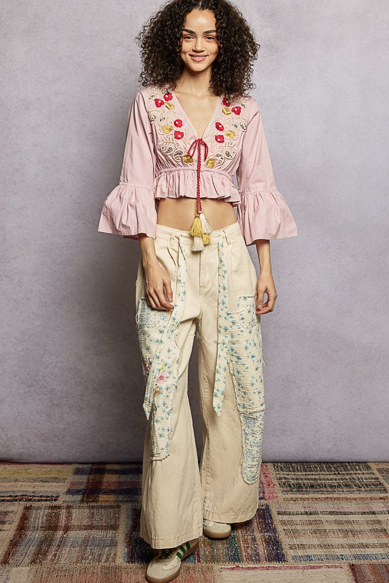 POL Floral Embroidered Cropped Blouse with Flared Ruffle Sleeves - Bitsy Gypsy Boutique