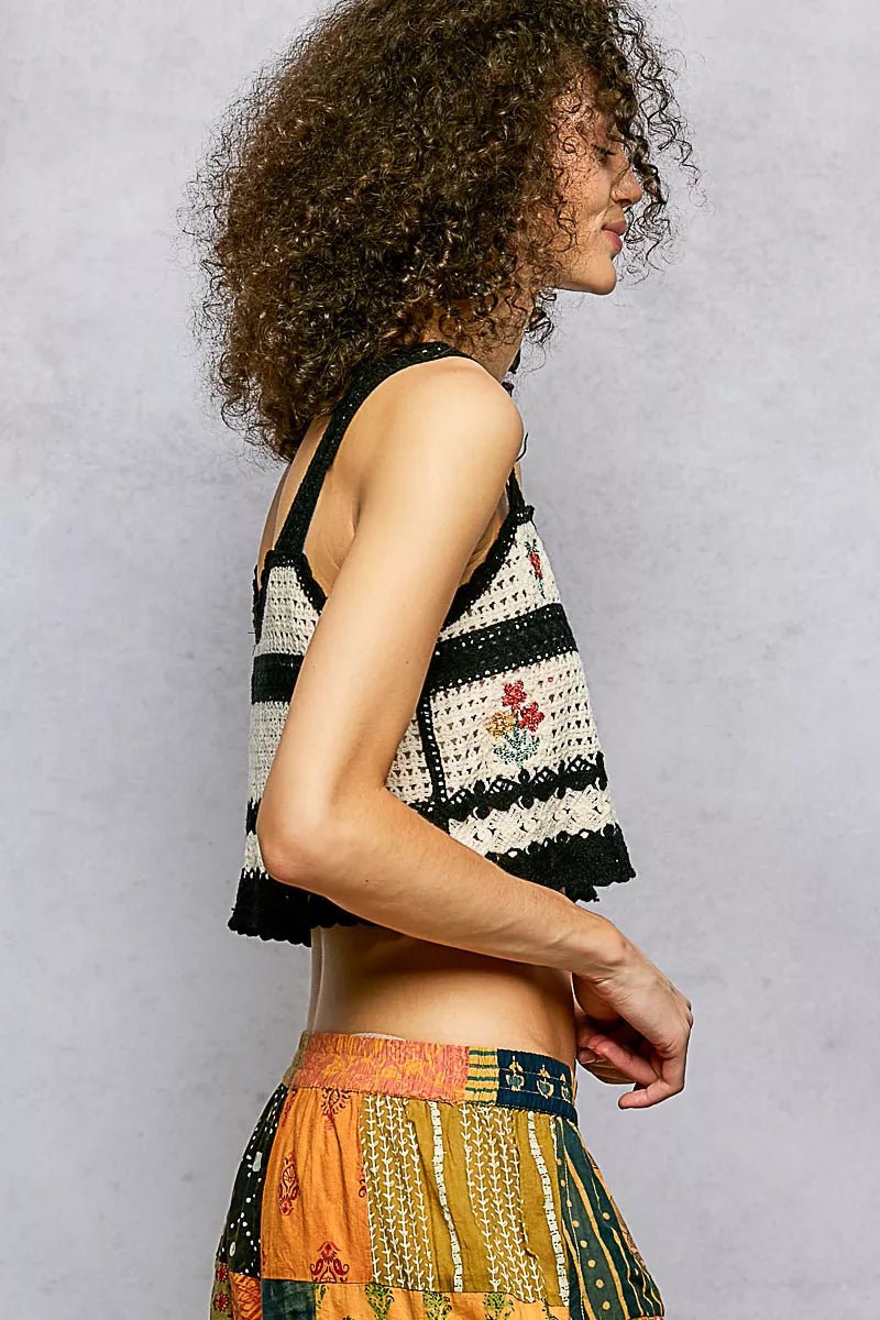 POL Floral Embroidered Cropped Crochet Cami with Scalloped Hem - Bitsy Gypsy Boutique