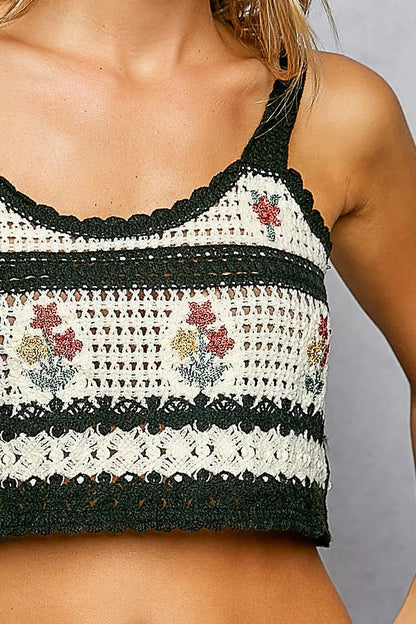 POL Floral Embroidered Cropped Crochet Cami with Scalloped Hem - Bitsy Gypsy Boutique