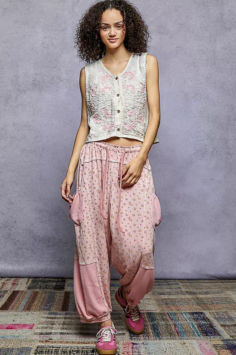 POL Floral Embroidered V - Neck Vest - Bitsy Gypsy Boutique