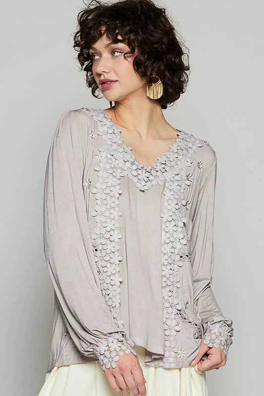 POL Floral Embroidery Woven Top with Lace Trim - Bitsy Gypsy Boutique